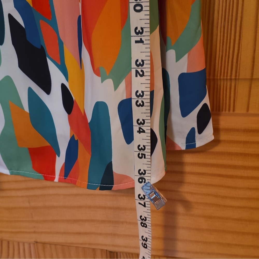 FORE Abstract Multicolor Square Neck Puff Sleeve Shift Short Dress Size L - Picture 3 of 6